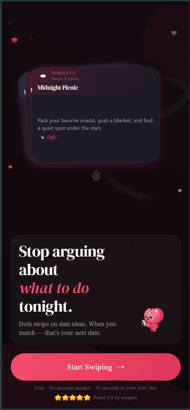 DateMatch start screen — stop arguing, start dating